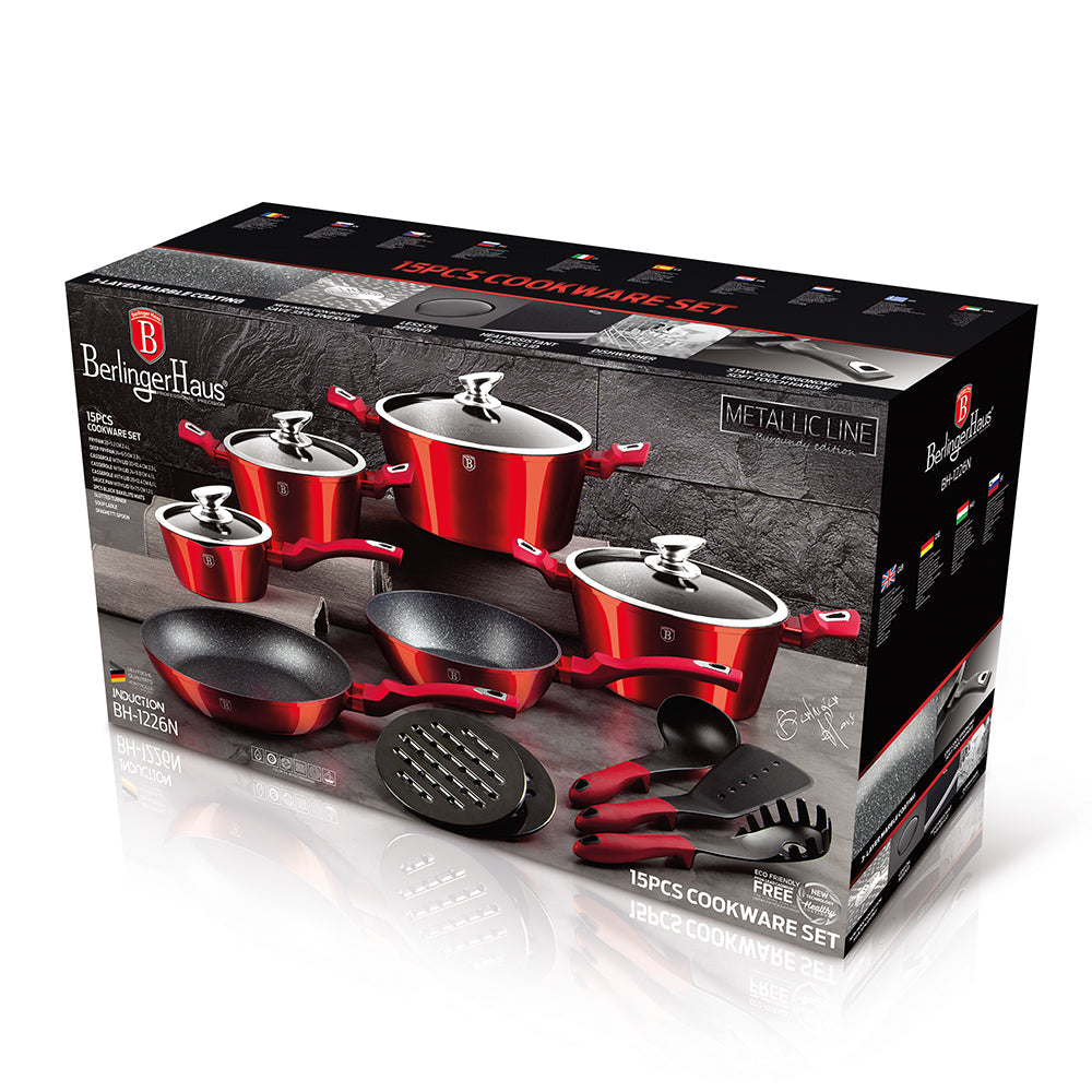 Berlinger Haus 15-Piece Marble Coating Cookware Set - Burgundy Metallic