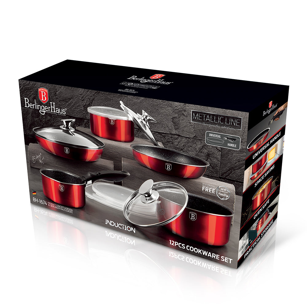 Berlinger Haus 12-Piece Marble Coating Cookware Set - Burgundy Metallic