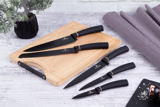 Berlinger Haus 6-Piece Knife Set with Bamboo Cutting Board – Black & Rose Gold Edition