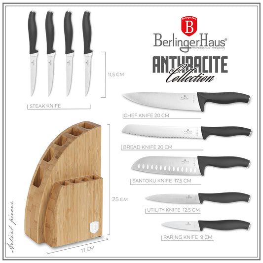 Berlinger Haus 10-Piece Knife Set with Bamboo Stand – Anthracite