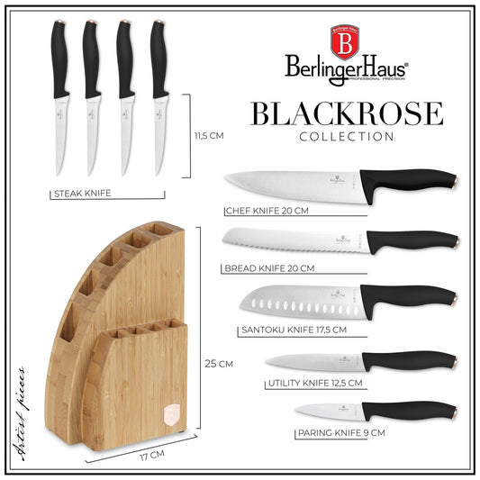 Berlinger Haus 10-Piece Knife Set with Bamboo Stand – Black Rose