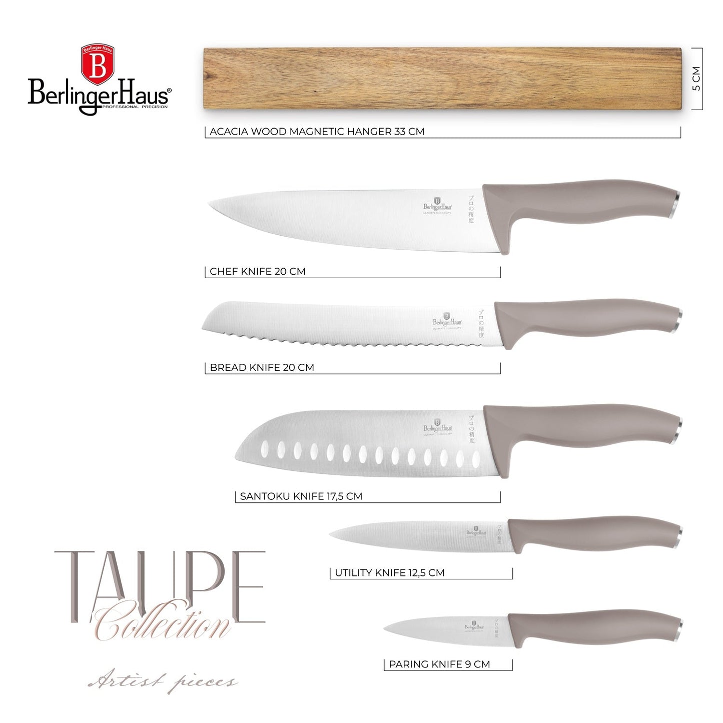 Berlinger Haus 6-Piece Knife Set with Acacia Wood Magnetic Hanger – Taupe