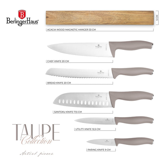 Berlinger Haus 6-Piece Knife Set with Acacia Wood Magnetic Hanger – Taupe