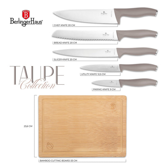 Berlinger Haus 6-Piece Knife Set with Bamboo Cutting Board – Taupe