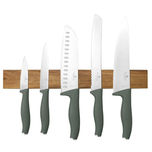 Berlinger Haus 6-Piece Stainless Steel Knife Set with Wood Magnetic Hanger - Matt Green