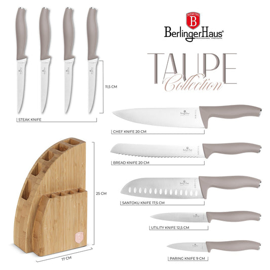 Berlinger Haus 10-Piece Stainless Steel Knife Set with Bamboo Stand – Taupe