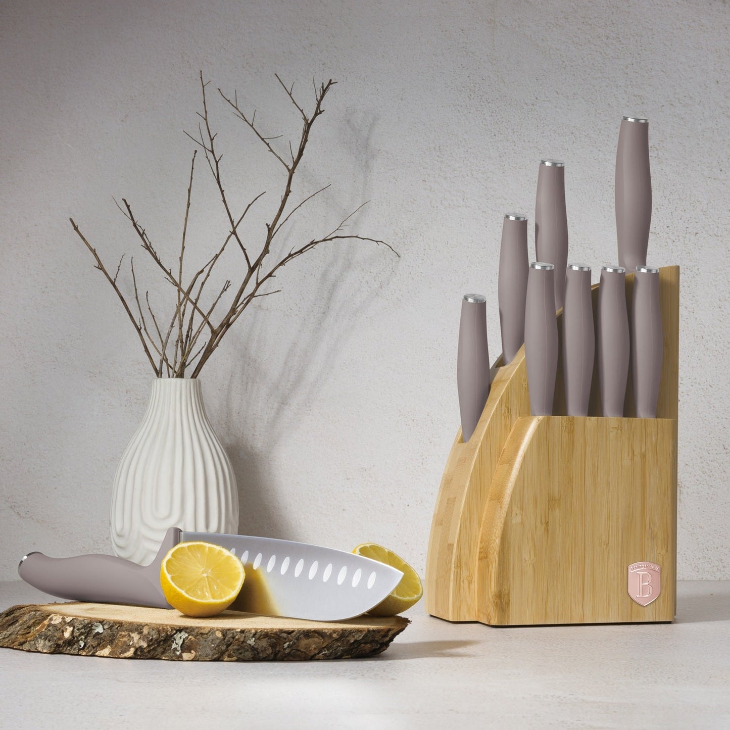 Berlinger Haus 10-Piece Stainless Steel Knife Set with Bamboo Stand – Taupe