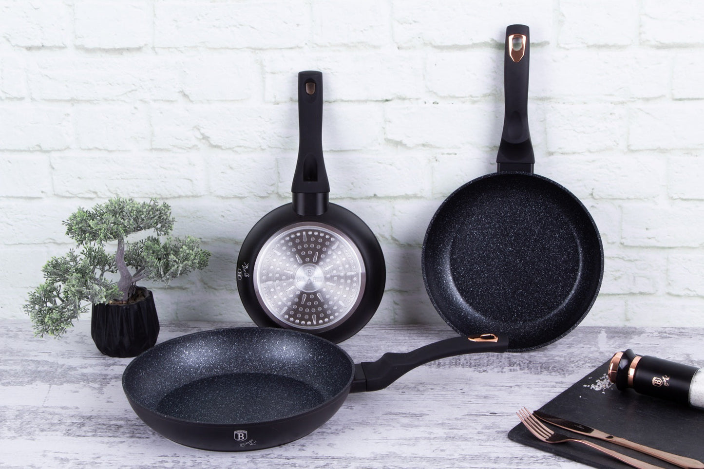 Berlinger Haus 3-Piece Marble Coating Frypan Set – Black Rose