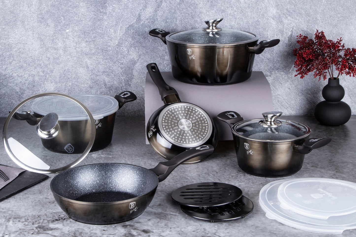 Berlinger Haus 13-Piece Marble Coating Smart Lid Cookware Set - Shiny Black