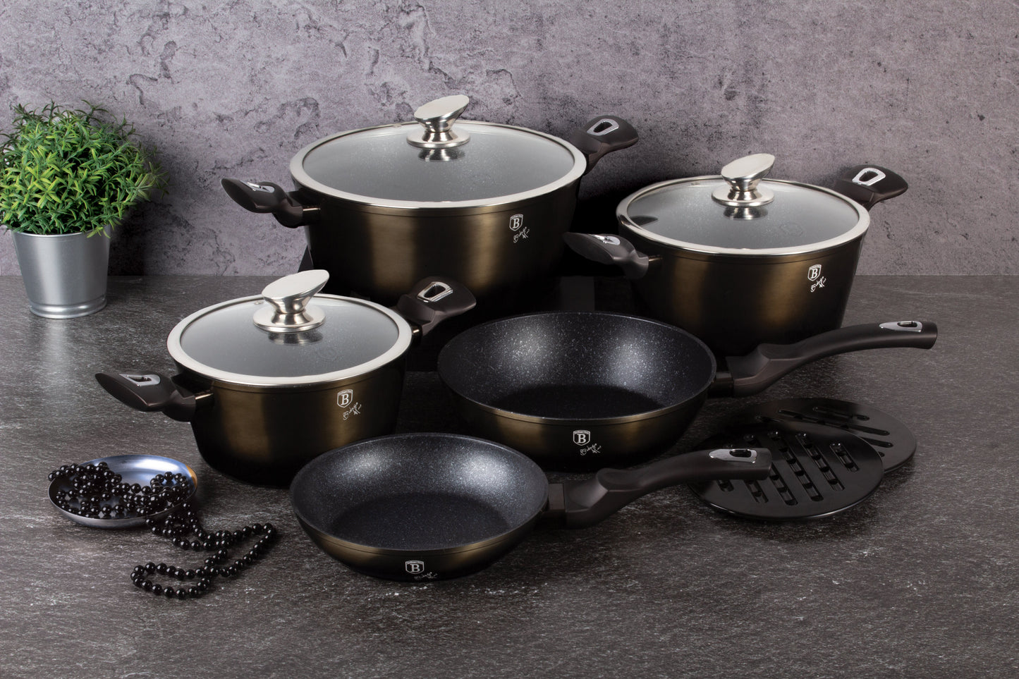 Berlinger Haus 13-Piece Marble Coating Smart Lid Cookware Set - Shiny Black