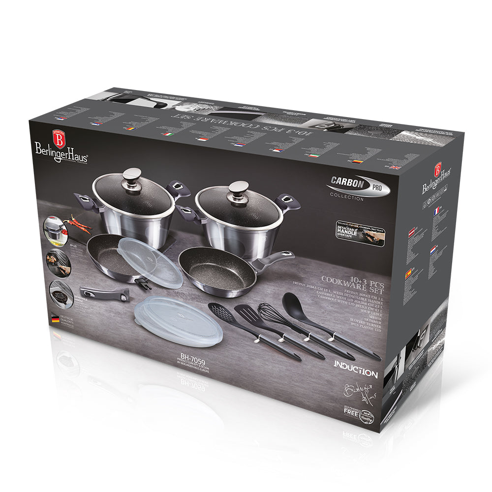 Berlinger Haus 13-Piece Non-Stick Cookware Set with Smart Lid - Carbon Pro