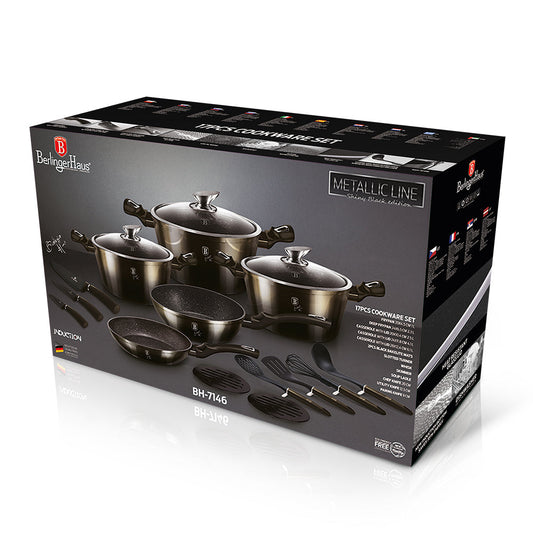 Berlinger Haus 17-Piece Marble Non-Stick Coating Cookware Set - Shiny Black