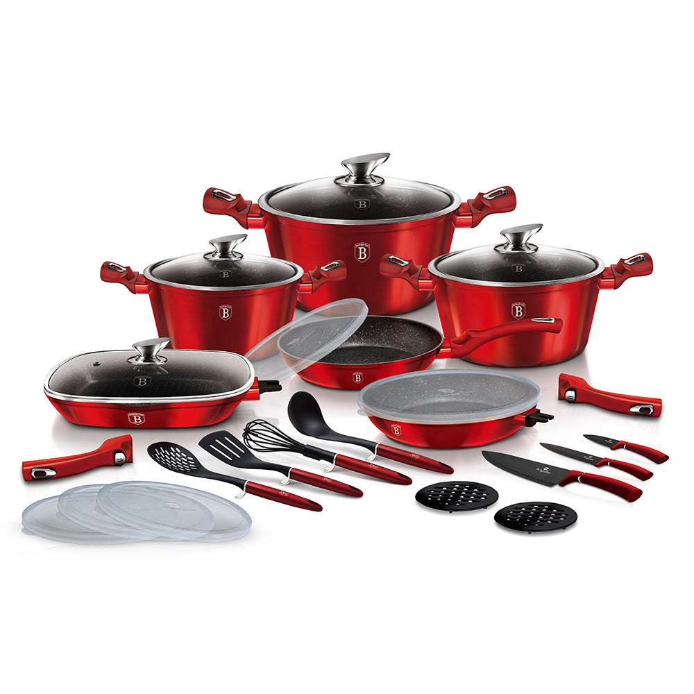 Berlinger Haus 24-Piece Marble Coating Smart Lid Cookware Set - Burgundy Metallic