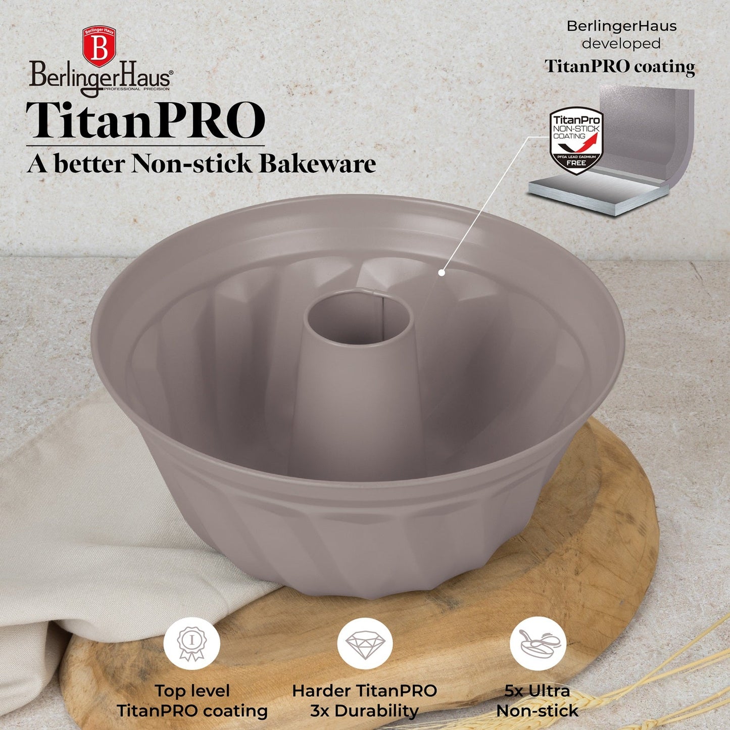 Berlinger Haus 25cm Titan Pro Non-Stick Coating Bundt Pan – Taupe