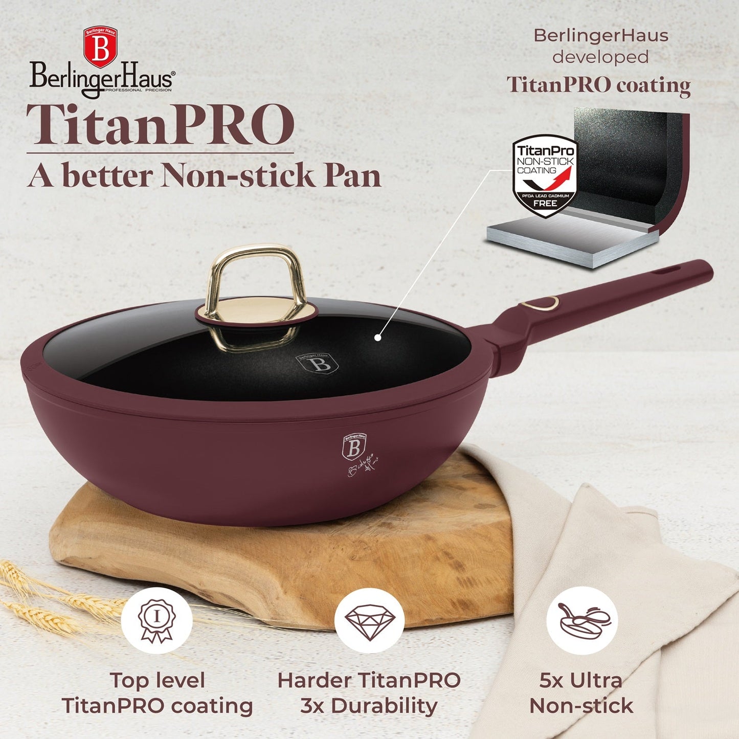 Berlinger Haus 28cm Titan Pro Non-Stick Coating Wok with Lid - Leonardo