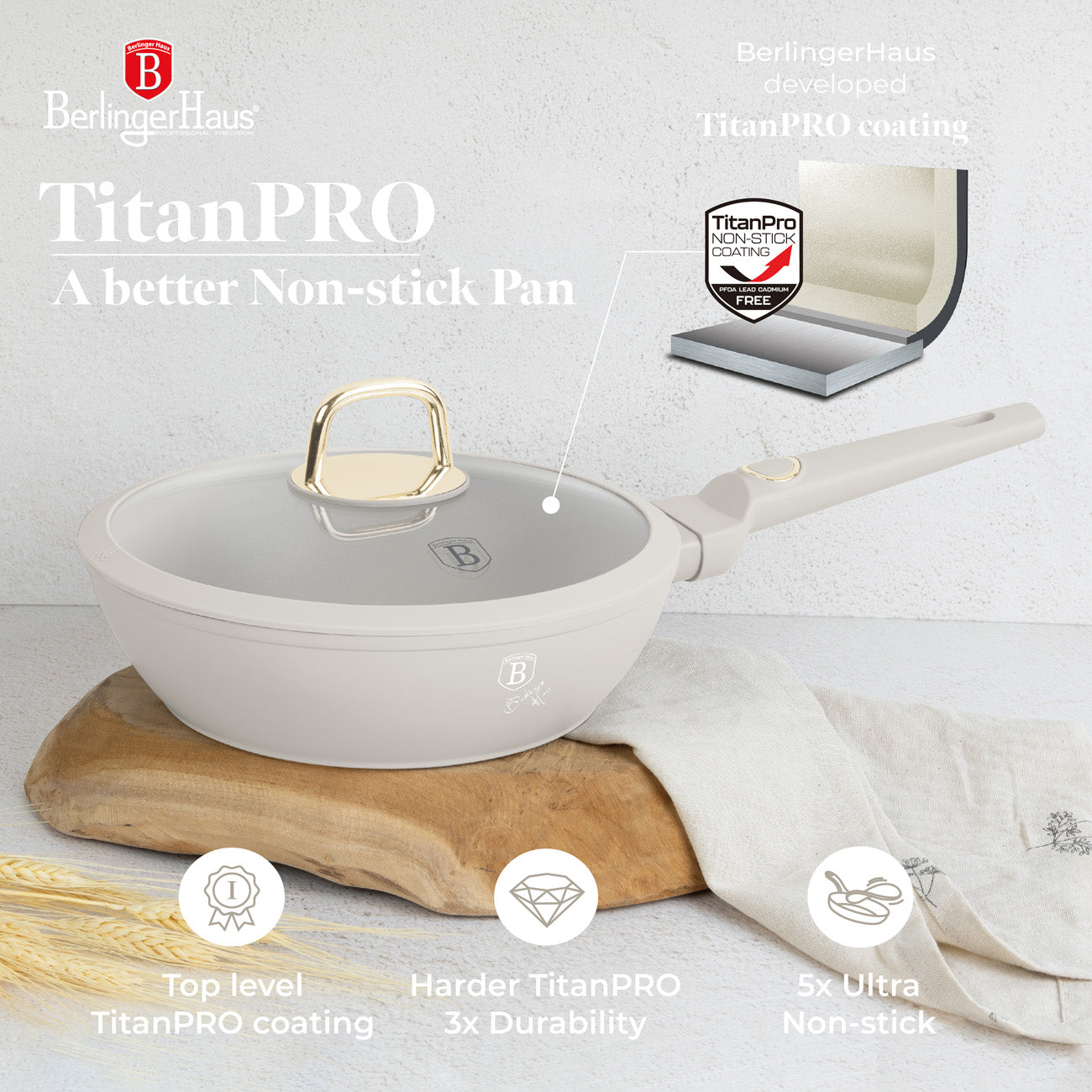 Berlinger Haus 24cm Titan Pro Non-Stick Coating Deep Frypan With Lid - Sahara