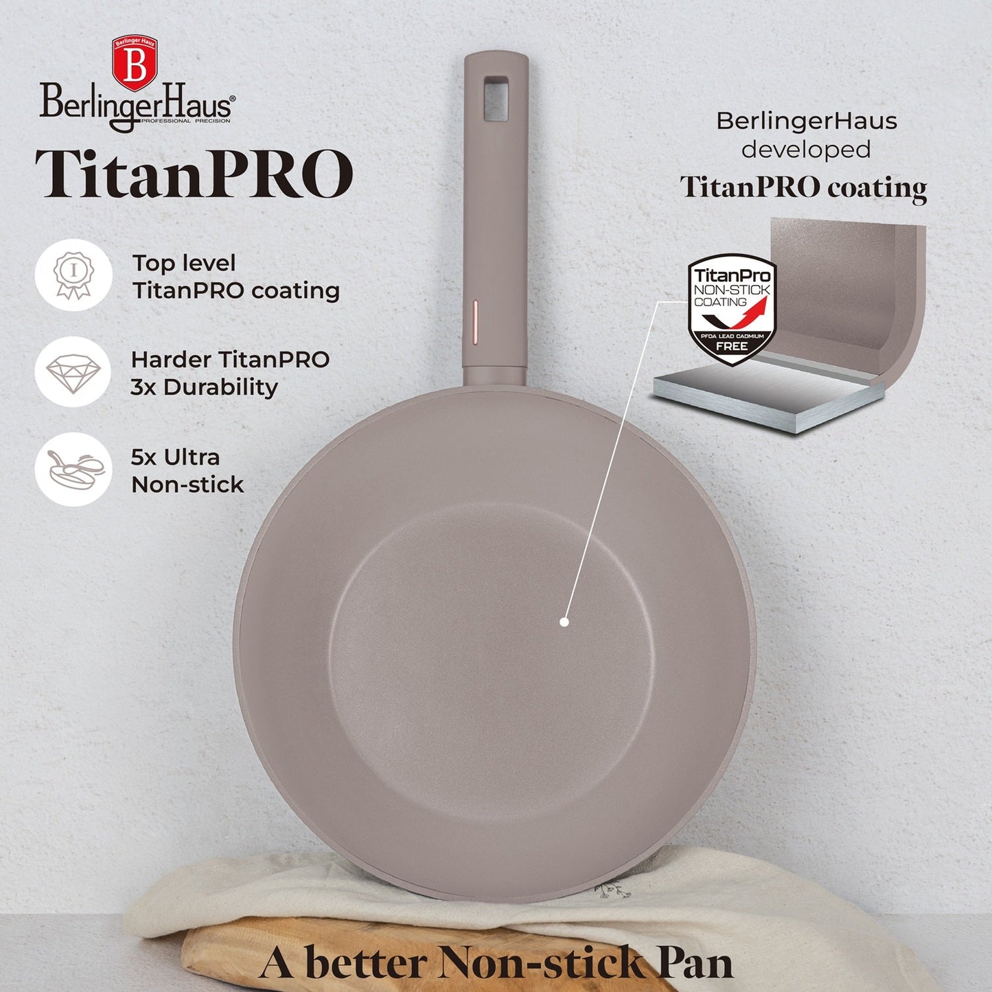 Berlinger Haus 28cm Titan Pro Non-Stick Coating Wok - Taupe