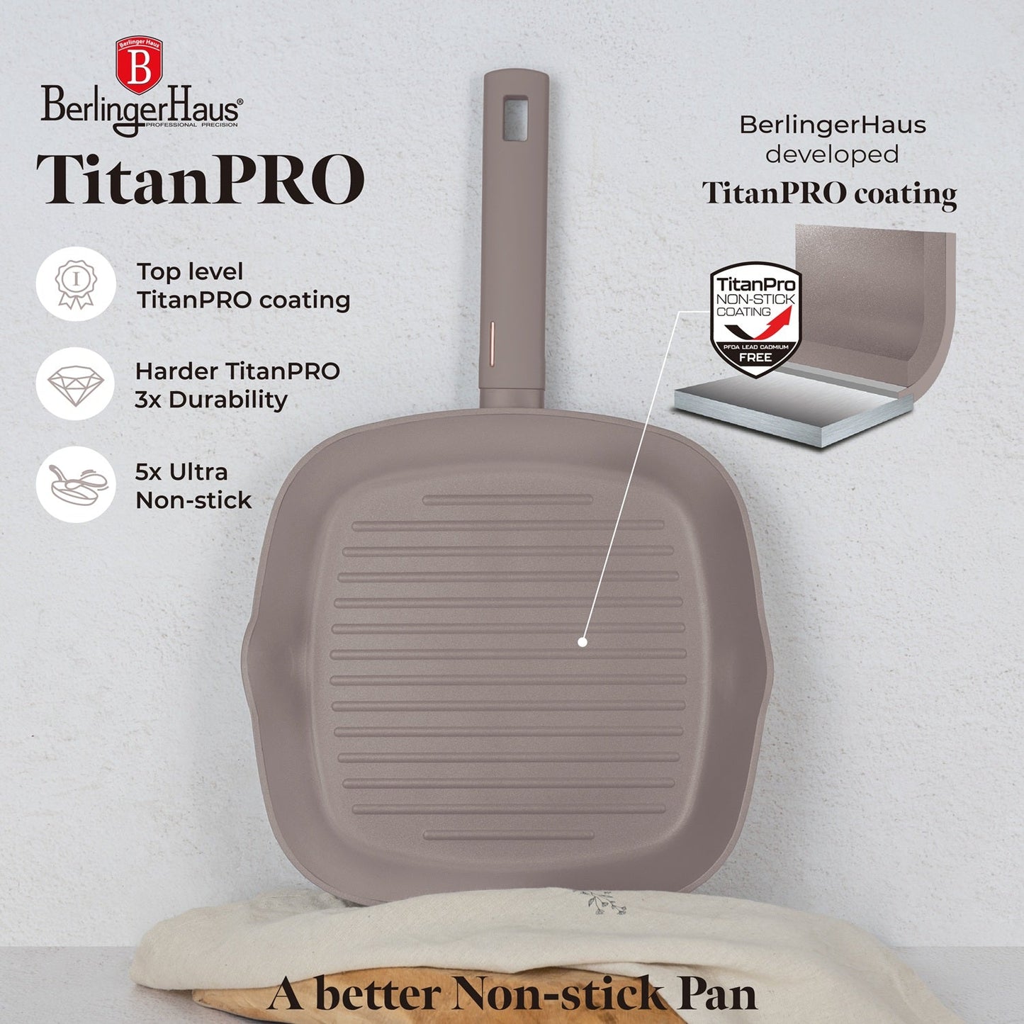 Berlinger Haus 28cm Titan Pro Non-Stick Coating Grill Pan - Taupe