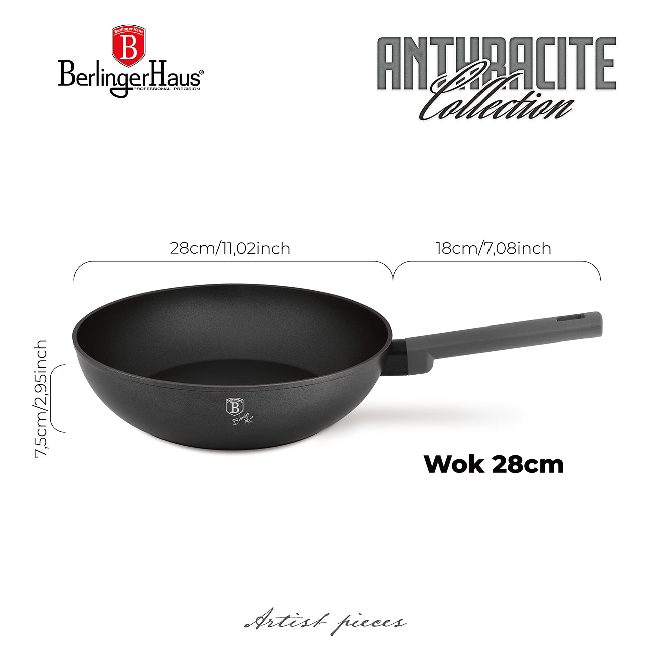 Berlinger Haus 28cm Non Stick Titan Pro Coating Wok - Anthracite