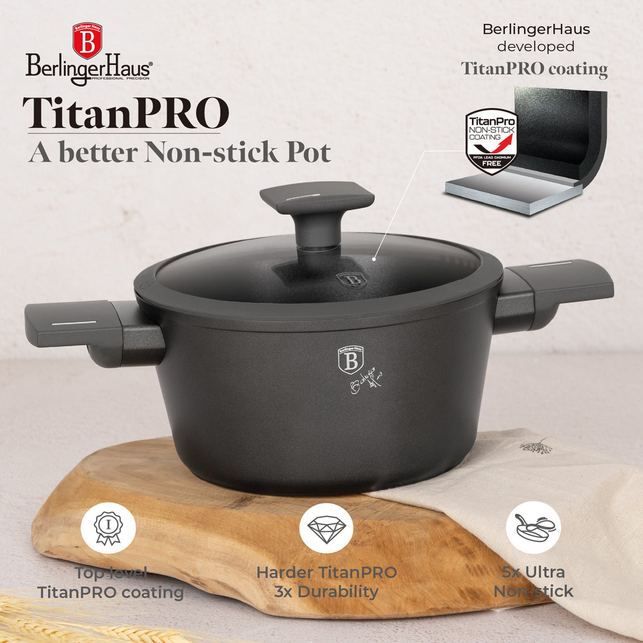 Berlinger Haus 20cm Titan Pro Non Stick Coating Casserole - Anthracite