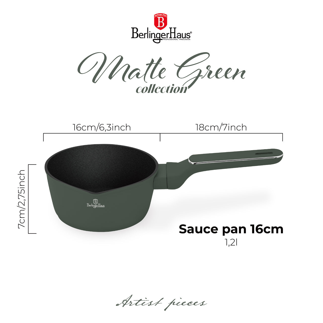 Berlinger Haus 16cm Non Stick Titan Pro Coating Sauce Pan - Matt Green
