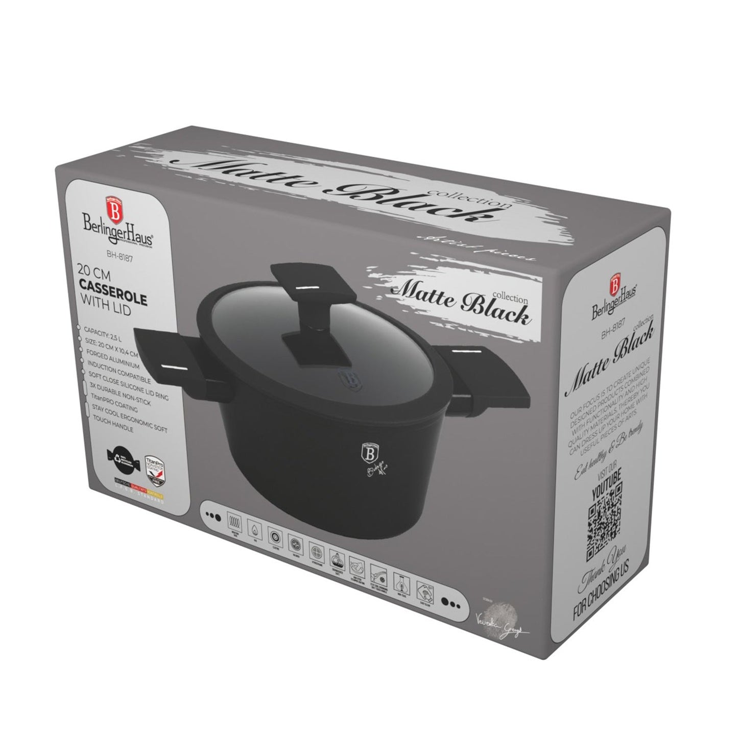 Berlinger Haus 20cm Titan Pro Non-Stick Casserole – Matte Black