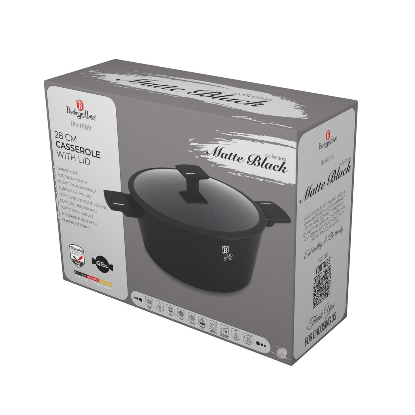 Berlinger Haus 28cm Titan Pro Non-Stick Coating Casserole – Matte Black Collection