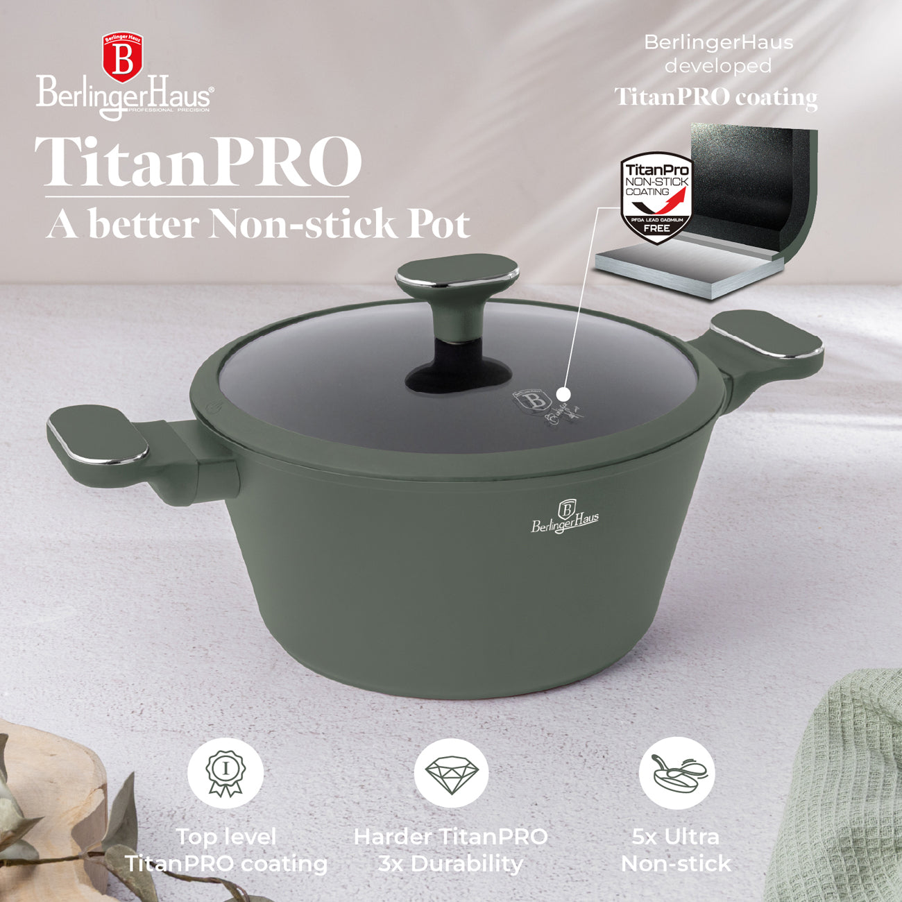 Berlinger Haus 15-Piece Titan Pro Non-Stick Coating Casserole - Matt Green