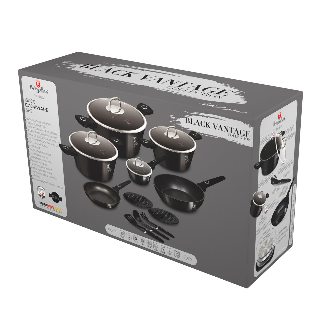 Berlinger Haus 15-Piece Non Stick Titan Pro Coating Cookware Set - Black Vintage