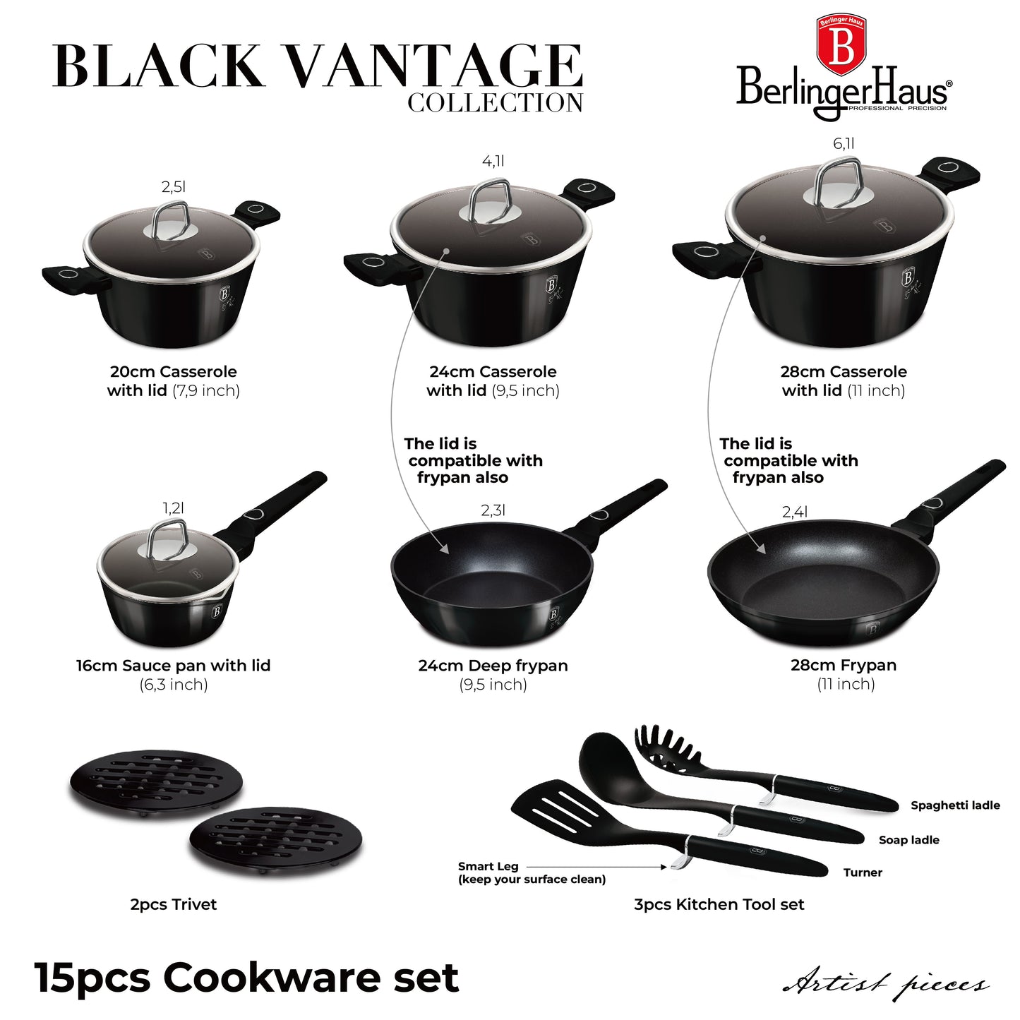Berlinger Haus 15-Piece Non Stick Titan Pro Coating Cookware Set - Black Vintage