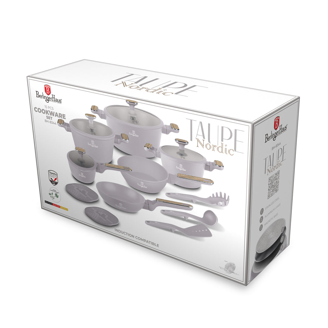 Berlinger Haus 15-Piece Titan Pro Non-Stick Coating Cookware Set - Taupe Nordic
