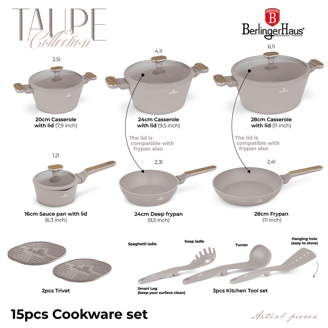 Berlinger Haus 15-Piece Titan Pro Non-Stick Coating Cookware Set - Taupe Nordic