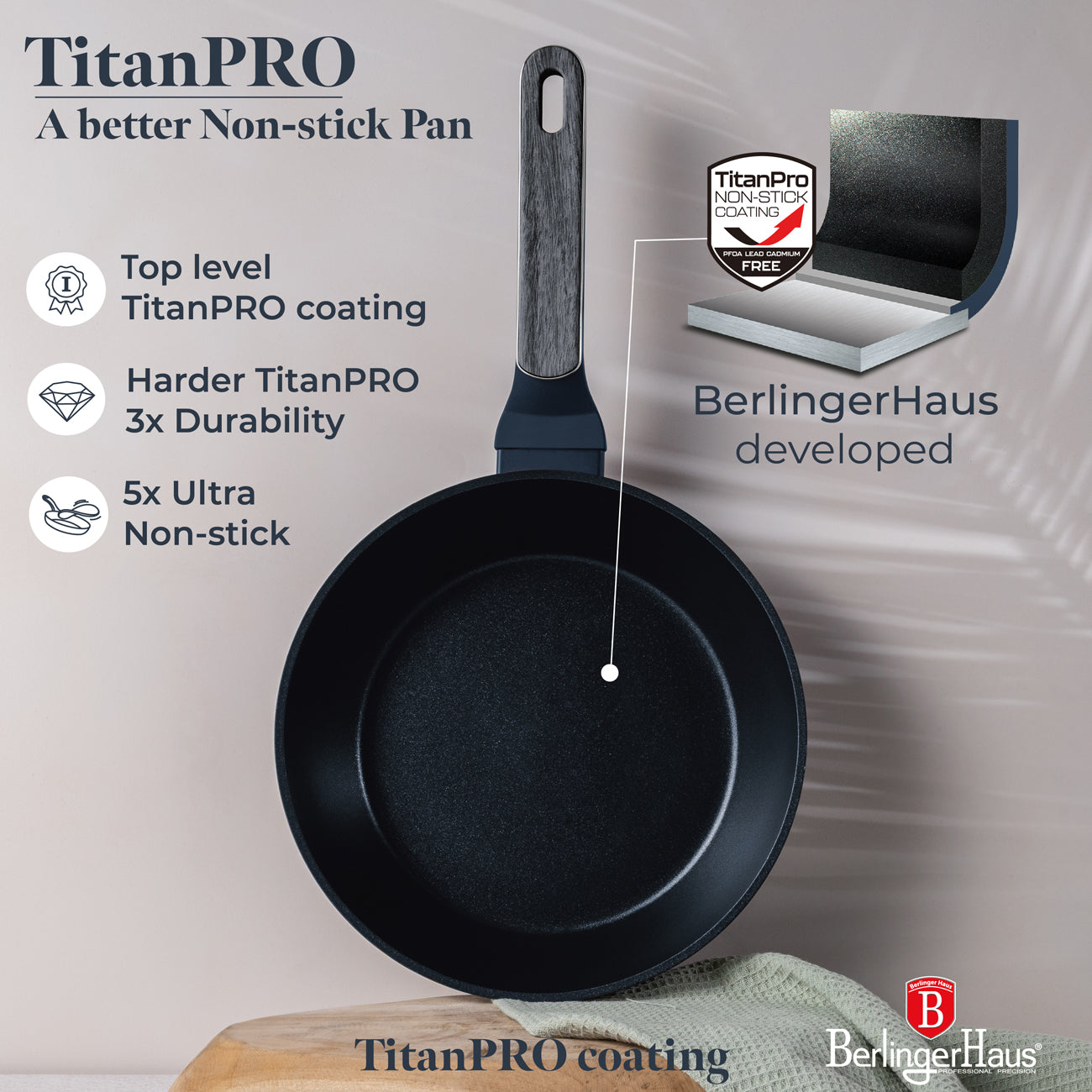 Berlinger Haus 24cm Titan Pro Non-Stick Coating Deep Frypan with Lid – Deep Sea
