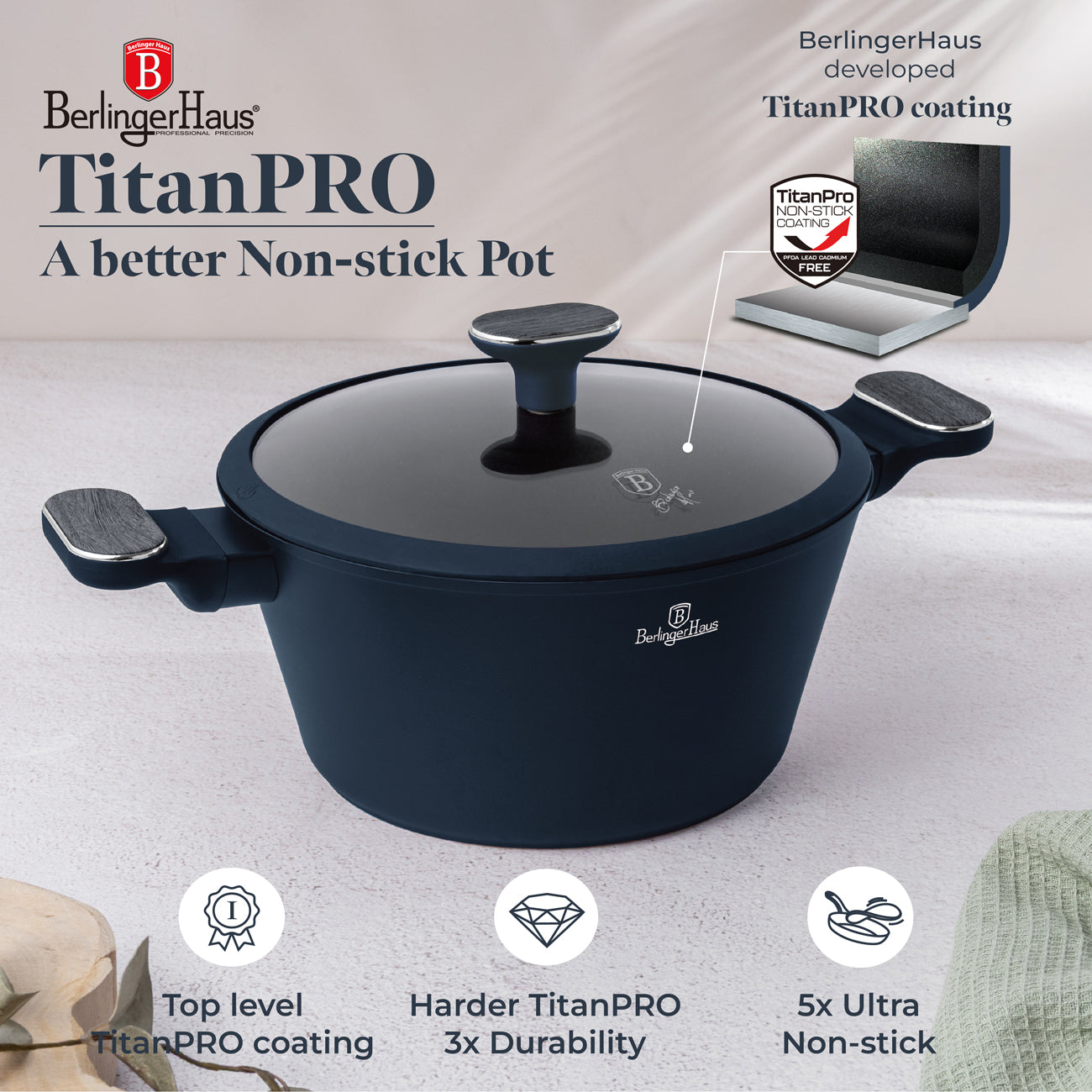 Berlinger Haus 24cm Titan Pro Non-Stick Coating Casserole – Deep Sea