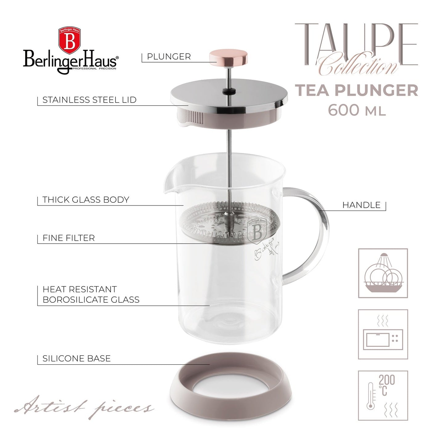Berlinger Haus 600ml Coffee & Tea Plunger – Taupe