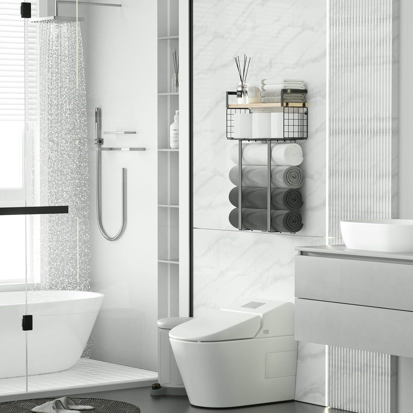 Boudoir Floating Shelf with Wire Basket (Black Frame)