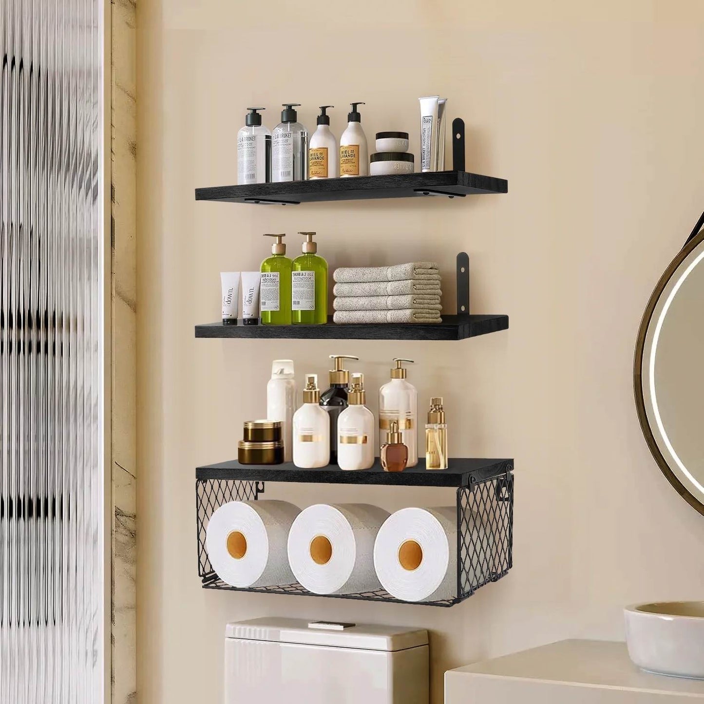 Boudoir Floating Shelves with Wire Storage Basket – 3-Piece Set (Black)
