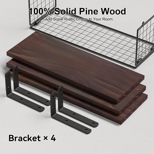 Boudoir Floating Shelves with Wire Storage Basket – 3-Piece Set (Brown)