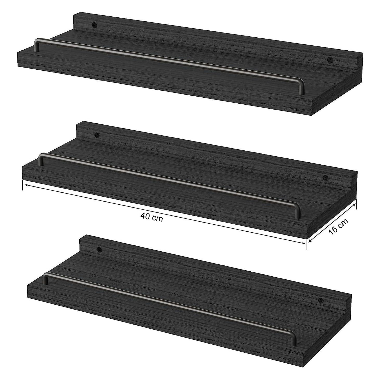 Boudoir Floating Shelves with Guard Rail – 3-Piece Set (Black)