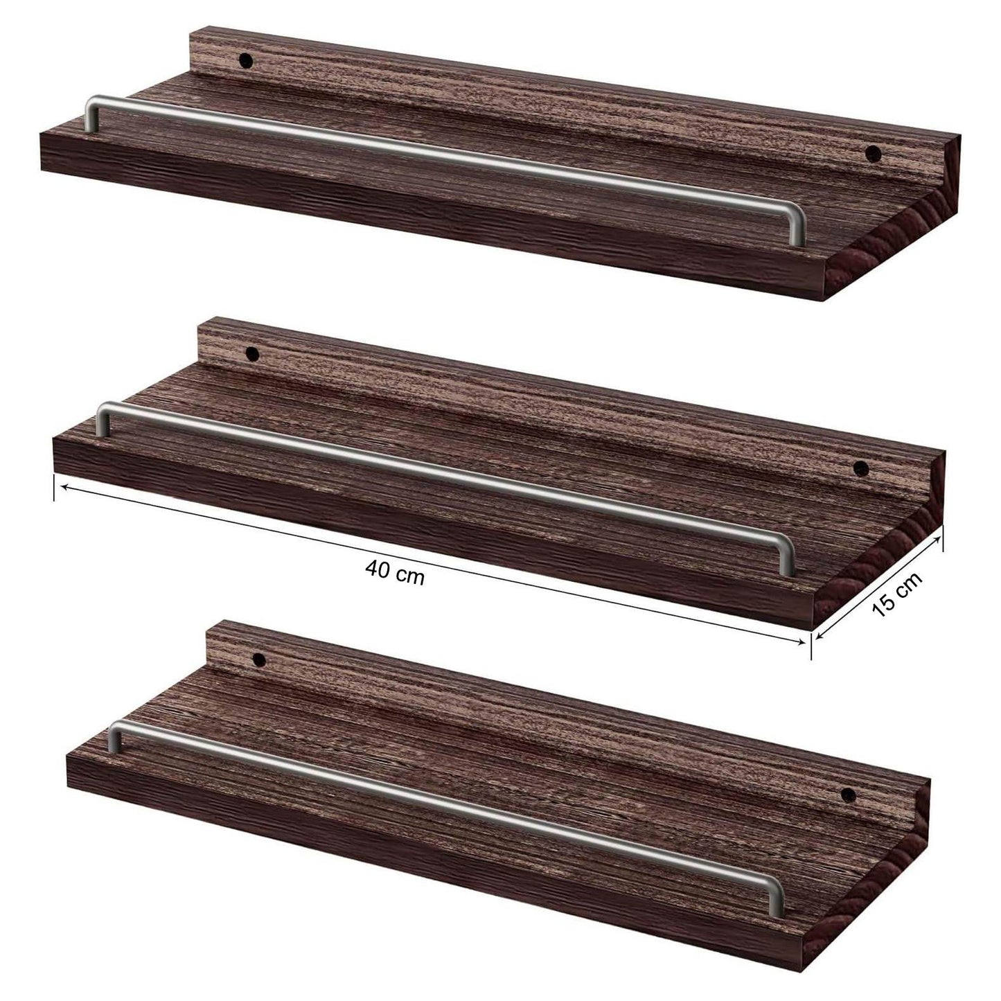 Boudoir Floating Shelves with Guard Rail – 3-Piece Set (Brown)