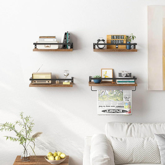 Boudoir Rimmed Floating Shelves with Rail – 3-Piece Set (Brown)