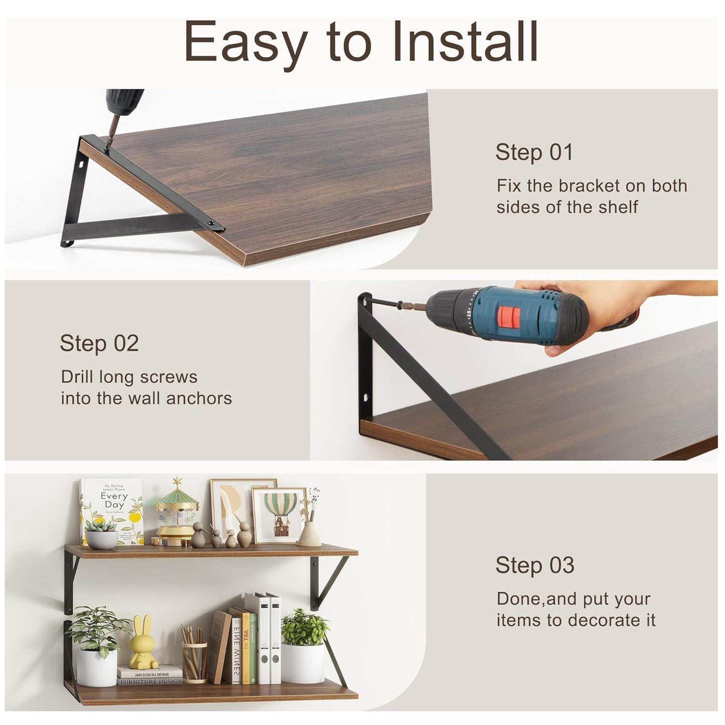 Boudoir Wood Floating Shelves – 2-Piece Set (Brown)