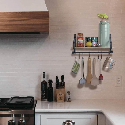 Boudoir Wall Shelf with Hanging Rail & S-Hooks (Brown)