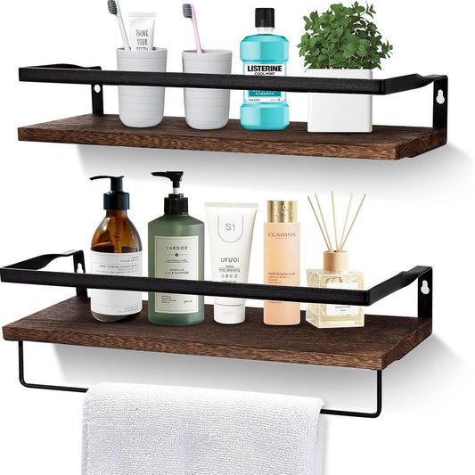 Boudoir Rustic Floating Shelves with Rail – 2-Piece Set (Brown)