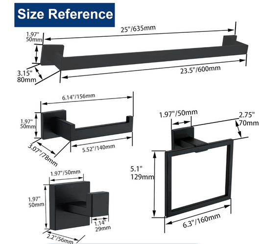 Jack Brown Premium Stainless Steel Bathroom Accessory Set Square - 5-Piece - Black