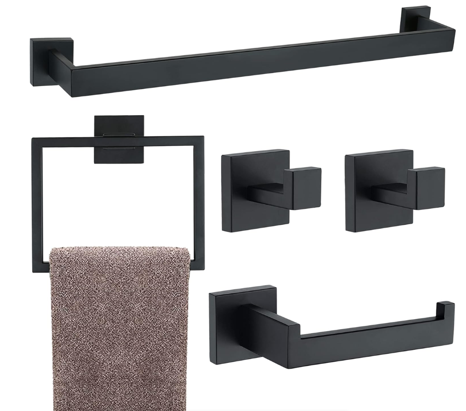 Jack Brown Premium Stainless Steel Bathroom Accessory Set Square - 5-Piece - Black