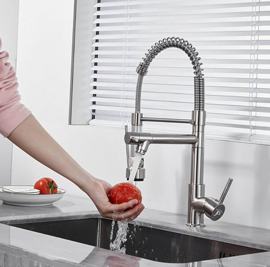 Jack Brown Industrial Style Pull Down Kitchen Mixer Tap - Dual Water System - Matt Silver