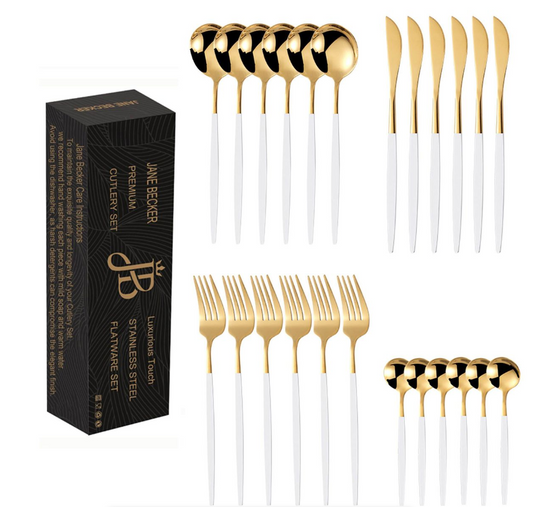 Jane Becker 24-Piece Stainless Steel Cutlery Set - Premium Quality - Gold & White