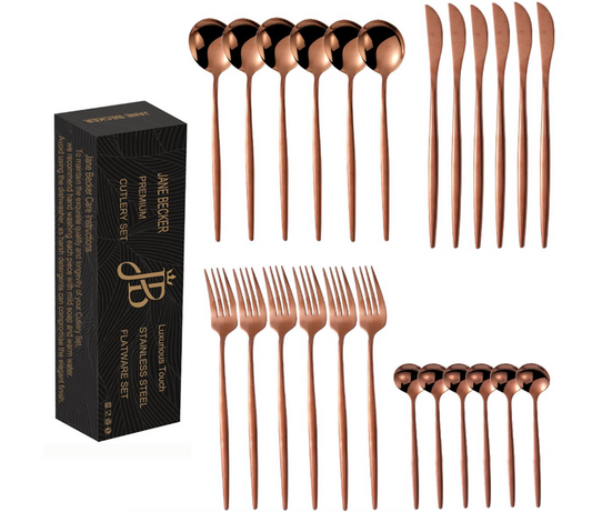 Jane Becker 24-Piece Stainless Steel Cutlery Set - Premium Quality - Rose Gold