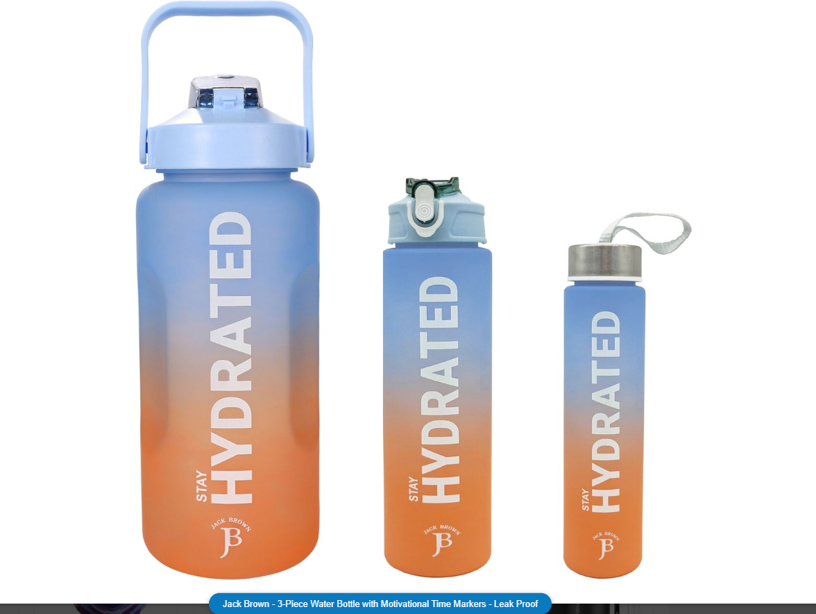 Jack Brown - 3-Piece Water Bottle with Motivational Time Markers - Leak Proof
